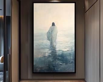 Abstract Impressionist Jesus Wall Art Print Featuring Christ Walking on Water in Peaceful Blue and White Spiritual Color Palette Jesus Print