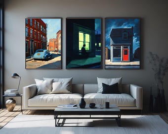 Vintage Urban Wall Art Set of 3 Lonely Man by Window Red Door House Blue Classic Car City Scene Retro Night Street Cinematic Artwork