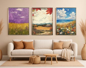 Rustic Farmhouse Fall Landscape Wall Art Set of 3 Prints, Coastal Wildflower Beach Painting, Purple Field Abstract Country Decor Floral Art