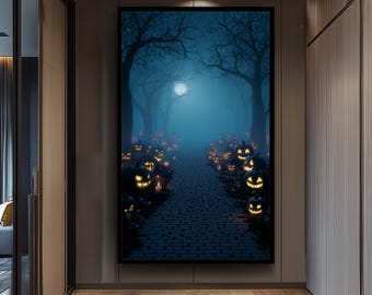 Creepy Halloween Path With Glowing Jack-O'-Lanterns And Foggy Moonlit Forest Canvas Wall Art For Spooky Autumn Home Decor Living Room Print