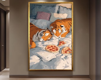 Whimsical Tigers In Bed Wall Art Funny Animal Canvas Print Two Tigers Eating Pizza In Cozy Bedding Surreal Pop Art Home Decor