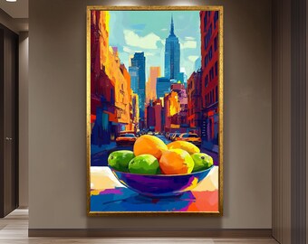 Colorful NYC Skyline Pop Art Wall Art Print with Urban Still Life Bowl of Citrus Fruit for Modern Kitchen or Living Room Decor Fruit Artwork