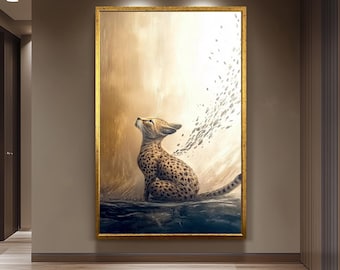Elegant Cheetah Artwork, Golden Animal Wall Art, Dreamy Wildlife Painting, Abstract Big Cat Decor, Majestic Nature-Inspired Print, Wall Art