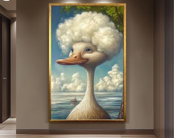 Whimsical Duck Portrait Oil Painting, Surreal Animal Wall Art, Funny Cloud Hair Duck Print, Dreamy Nature Artwork, Cottagecore Home Decor