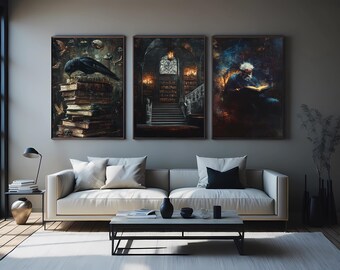 Dark Academia Gothic Art Prints Set of 3, Haunted House Wall Decor, Moody Vintage Architecture Posters for Library, Study or Mysterious Room