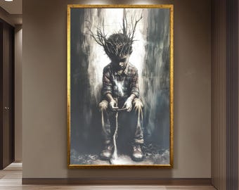 Impresión en lienzo de un niño surrealista con raíces de árbol, arte de fantasía mística