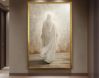 Spiritual Christian Wall Art Print, Jesus Walking in White Robe Painting, Minimalist Religious Decor with Sacred Symbolism Jesus Wall Decor
