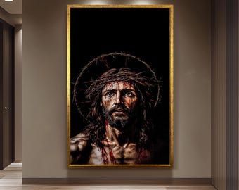 Jesus Crown of Thorns Wall Art Canvas Print, Powerful Religious Painting of Christ's Suffering with Dark Background for Spiritual Home Décor