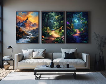 Tropical Jungle & Mountain Sunset Canvas Print Set - 3 Piece Nature Wall Art