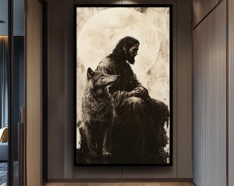 Jesus and the Wolf Wall Art Print, Powerful Monochrome Christian Poster, Spiritual Symbolism Artwork of Peace, Strength, and Compassion