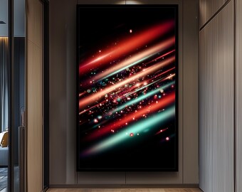 Colorful Neon Light Streaks And Sparkling Particles On Black Background Canvas Wall Art For Modern Abstract Room Decoration Colorful Artwork