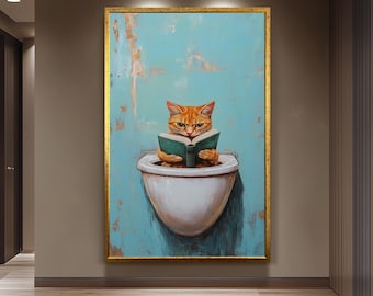 Funny Cat Bathroom Wall Art, Quirky Reading Cat Painting, Whimsical Toilet Humor Canvas Print, Playful Feline Decor, Unique Restroom Artwork
