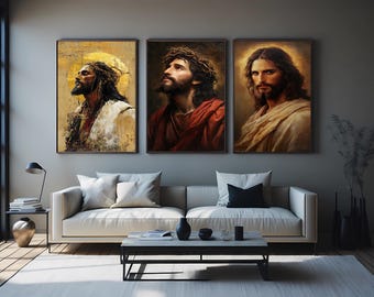 Christian Wall Art Set Of 3 Jesus Christ Prints Featuring Crown Of Thorns Portrait And Golden Halo For Spiritual Home Decoration Jesus Print