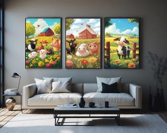 Farm Animal Nursery Wall Art Set Of 3 Prints With Cute Cow Pig Donkey In Bright Pastel Fields For Baby Room Or Kids Farm Decor Kids Room Art