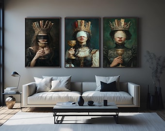 Blindfolded Book Queen Canvas Art – Dark Academia Wall Art Set, Surreal Feminine Portrait Prints for Gothic Library or Mysterious Home Decor