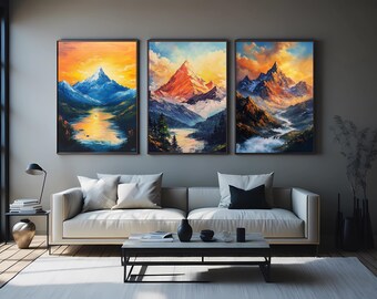 Mountain Landscape Canvas Print Set: Sunset Snow Peaks, Rustic Home Decor