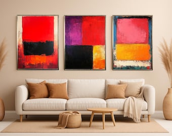 3 Piece Abstract Color Field Wall Art – Modern Minimalist Canvas Prints with Bold Red, Yellow, Black, and Purple Blocks Colorful Wall Decor