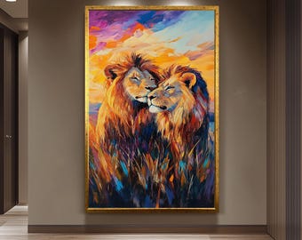 Romantic Lion Couple Wall Art – Colorful Surreal Safari Painting of Two Lions at Sunset – Bold Animal Canvas for Wild Nature Lovers Lion Art