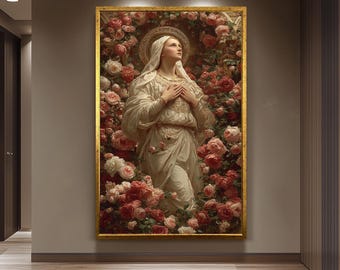 Mother Mary Surrounded by Roses Canvas Art | Elegant Virgin Mary Wall Decor with Halo and Floral Design | Catholic Religious Painting