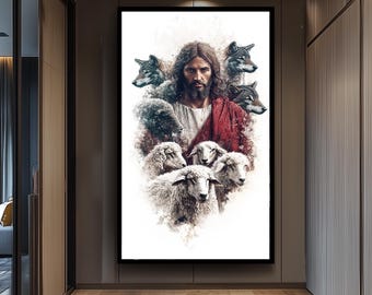 Jesus Among Sheep and Wolves Christian Wall Art Print | Religious Spiritual Decor Poster | Faith Based Inspirational Home Artwork Jesus Art