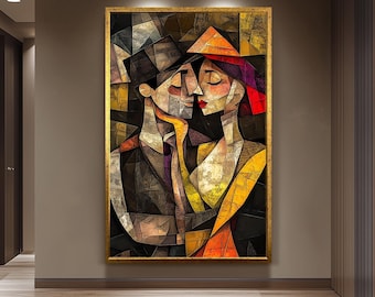 Cubist Couple Canvas Print Abstract Modern Wall Art, Picasso Inspired Geometric Portrait Painting For Contemporary Stylish Home Decor