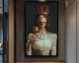Blindfolded Woman Canvas Print, Dark Academia Aesthetic Wall Art, Mysterious Gothic Portrait Decor for Bedroom, Study or Creative Space