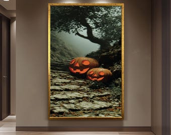 Happy Jack-O'-Lantern Pumpkins On Forest Stone Path Canvas Wall Art For Whimsical Halloween And Autumn Home Decoration Living Room Wall Art