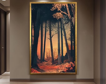 Mystical Forest Sunset Artwork, Vintage Woodland Wall Art, Enchanted Nature Scene, Warm Autumn Landscape Print, Rustic Wilderness Decor