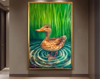 Serene Duck Wall Art, Realistic Nature Oil Painting, Peaceful Pond Bird Canvas Print, Whimsical Wildlife Artwork, Rustic Farmhouse HomeDecor
