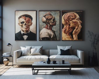 Anatomical Art Print Set of 3 – Realistic Gothic Human Body Skull Muscle Brain Art – Dark Surreal Wall Decor for Office or Home Surreal Art
