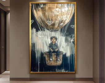 Graffiti-Style Hot Air Balloon Art, Dreamy Adventure Wall Decor , Boy in Balloon Painting, Black and Gold Fantasy Artwork, Urban Street Art