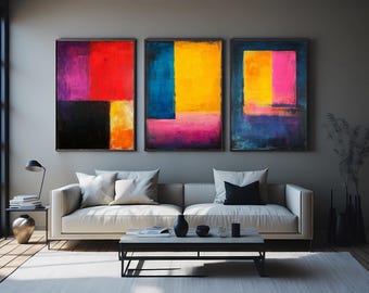 3 Piece Abstract Wall Art Set, Modern Color Block Canvas Prints in Blue Yellow Pink Red, Contemporary Bold Artwork for Home Decoration