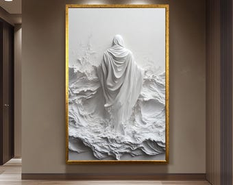 White Jesus Wall Art Sculpture of Walking on Water, Religious Christian Home Decor for Faith-Inspired Living or Prayer Room Jesus Wall Art