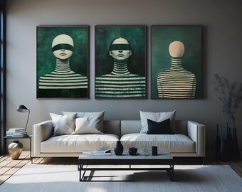 Modern Surreal Portrait Wall Art Set of 3 Striped Green Abstract Woman Paintings for Living Room or Bedroom Aesthetic Gallery Decor