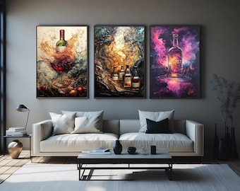 Abstract Whiskey and Wine Canvas Art Set: Rustic Bar Decor