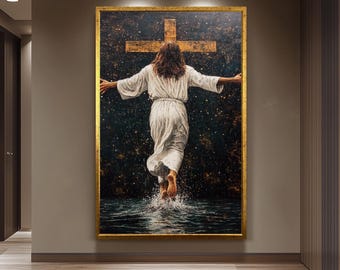 Jesus Walking Toward the Cross Canvas -Powerful Christian Wall Art on Water, Faith-Inspired Home Decor or Spiritual Religious Gift Jesus Art