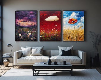 3 Piece Wildflower Landscape Wall Art – Colorful Nature Oil Paintings with Clouds, Poppy, and Sunset Floral Meadows Landscape Artwork Decor