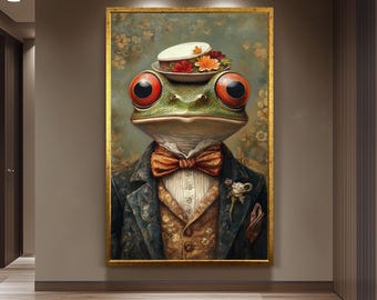 Whimsical Frog Portrait Wall Art in Victorian Suit with Hat and Flowers Surreal Animal Painting for Eclectic and Vintage Style Decor