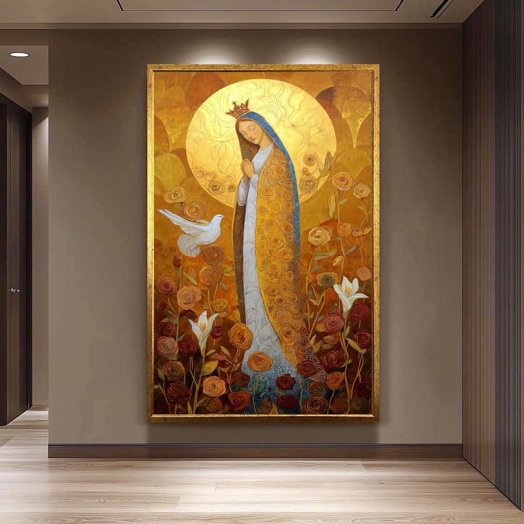 Virgin Mary Wall Art Golden Halo Catholic Canvas Print Blessed Mother ...