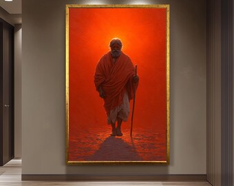 Spiritual Monk Walking Painting | Mystical Red Aura Canvas Art | Enlightened Sage Wall Decor | Symbolic Journey of Wisdom Artwork Jesus Art