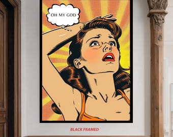 Vintage Pop Art Canvas Wall Art of Shocked Woman Saying Oh My God in Retro Comic Style with Orange Yellow Burst Background Colorful Artwork