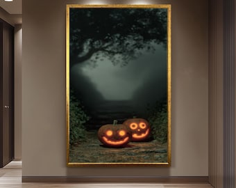 Smiling Jack-O'-Lantern Pumpkins On Foggy Forest Trail Canvas Wall Art For Cute Halloween And Cozy Autumn Decoration  Living Room Print