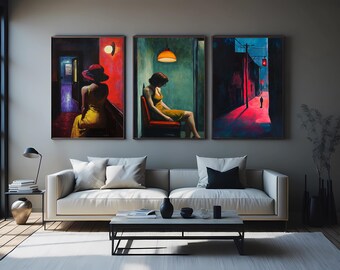 Noir Cinematic Wall Art Set of 3 Red Light Alley Woman in Yellow Dress Urban Shadows Figurative Moody Room Decor Mysterious Painting Set