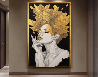 Golden Floral Woman Wall Art, Black and Gold Feminine Portrait, Luxury Canvas Print, Modern Glam Home Decor, Gold Woman Decor, Woman  art