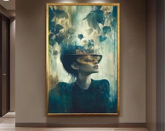 夢のような女性の肖像画アートプリント、シュルレアリスムキャンバス壁装飾