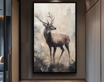 Vintage Deer Wall Art Majestic Stag Painting Rustic Wildlife Canvas Print Neutral Forest Animal Artwork for Lodge Cabin or Nature Decor