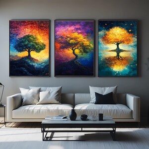 Abstract Tree of Life Canvas Prints - Sunset Landscape Wall Art, Set of 3