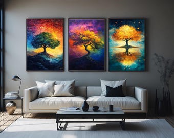 Abstract Tree of Life Canvas Prints - Sunset Landscape Wall Art, Set of 3