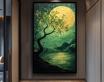 Mystical Moonlit Tree Wall Art Textured Night Landscape Canvas Print, Glowing Full Moon Painting with Green Nature Scene for Tranquil Décor