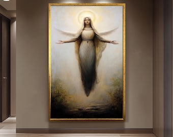 Mother Mary Wall Art Heavenly Angelic Canvas Print, Divine Painting of Our Lady with Halo and Wings for Spiritual Christian Home Décor